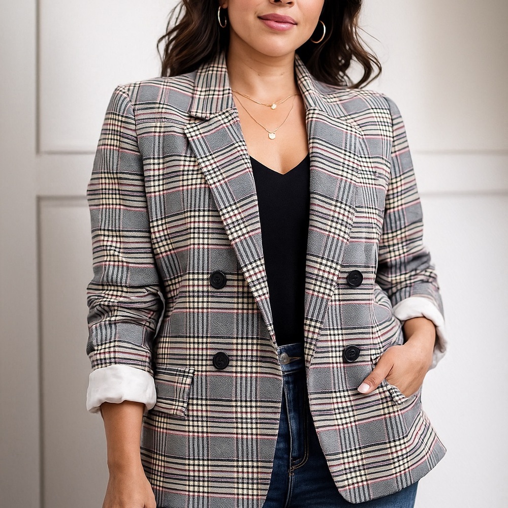 LOFT Double-Breasted Plaid Blazer in Black and Gray